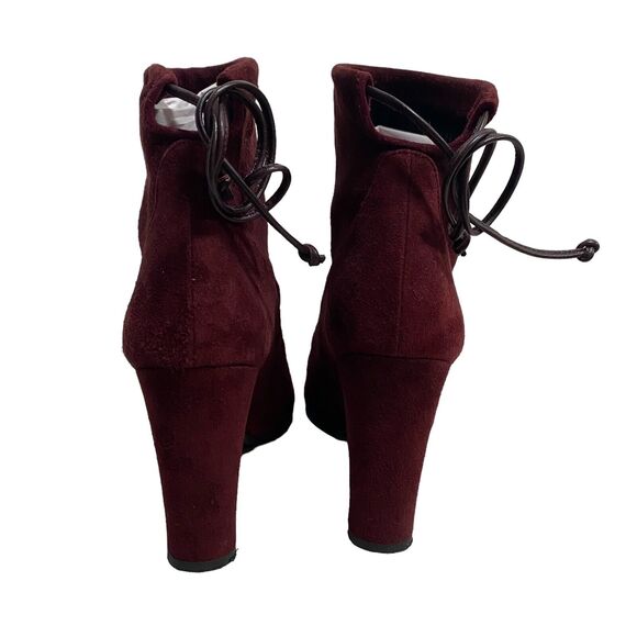 Stuart Weitzman Burgundy Suede Glove Tie Back Round Toe Heeled Ankle Bootie 7.5 - Picture 6 of 12
